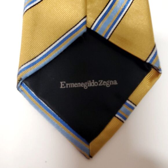 Ermenegildo Zegna Necktie Made in Italy Chartreuse Yellow Green/ White/Blue Tie - Picture 7 of 10